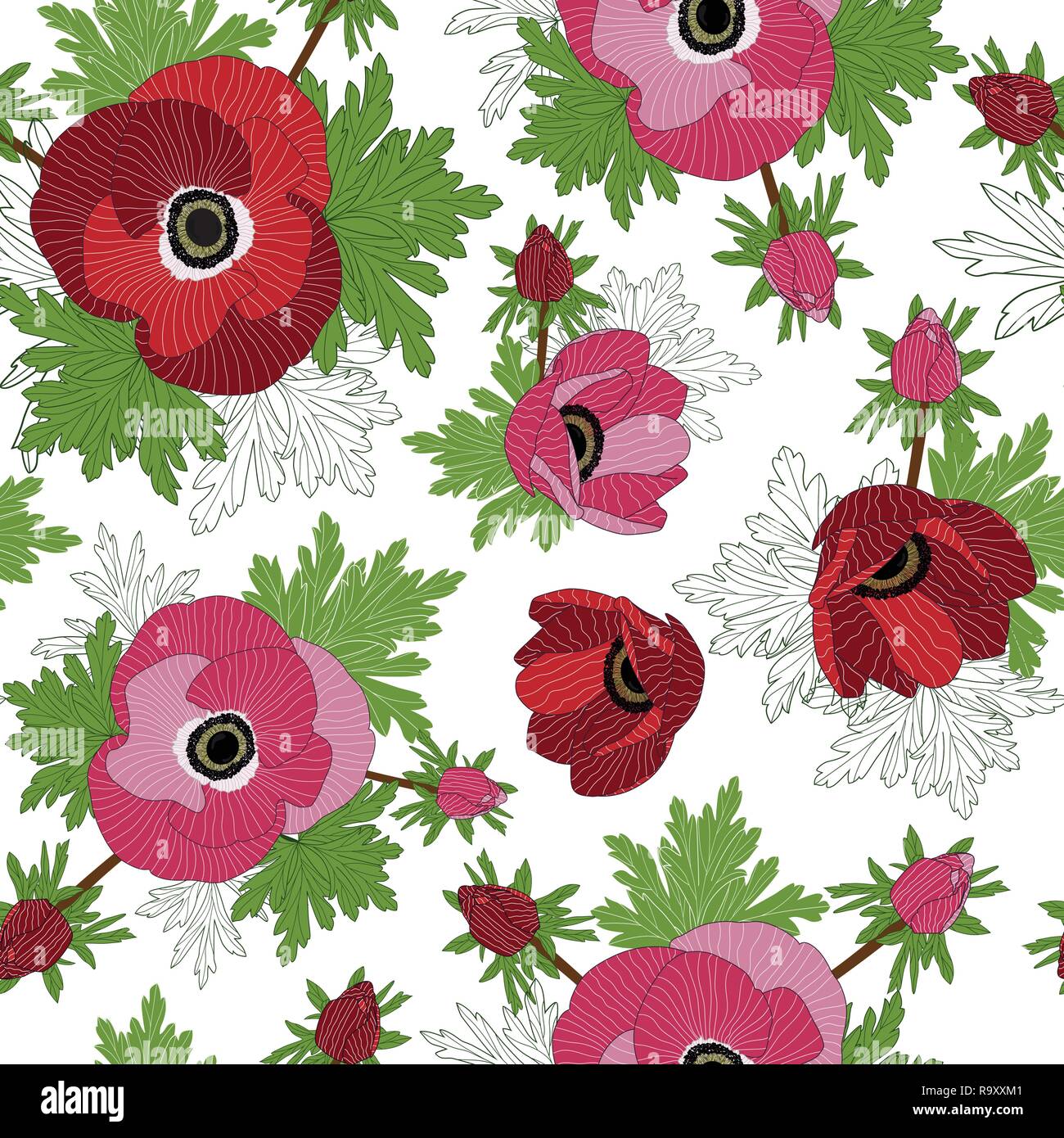 Vettore ripetere floreali seamless pattern con i colori rosso e rosa fiori di anemone. Illustrazione Vettoriale