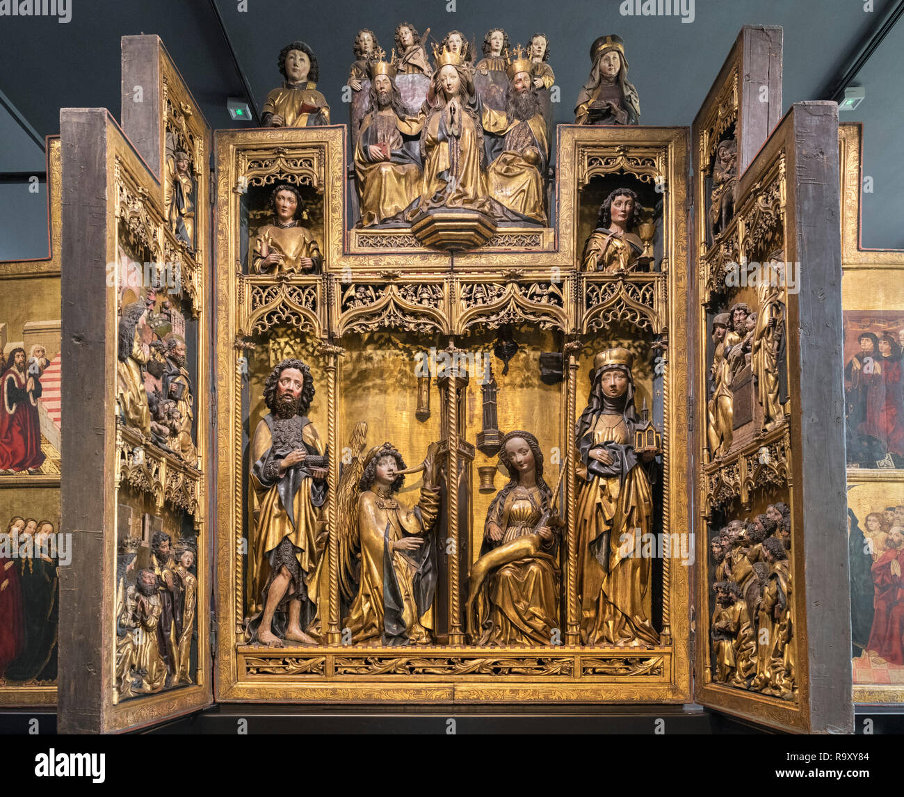 L'Annunciazione con unicorno, quattrocentesco polittico da Wroclaw/Breslavia, c.1480, legno dipinto e dorato Foto Stock