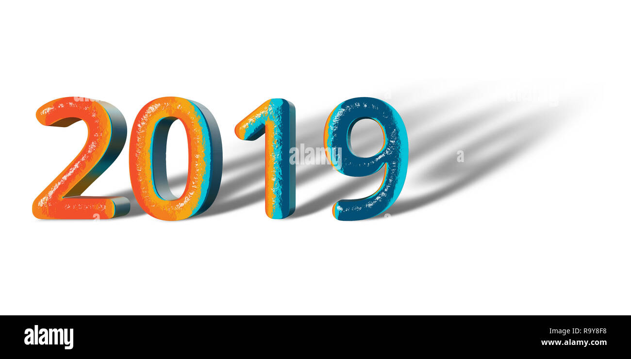 3D Numero 2019 gioiosa speranza e colori di sfondo bianco Foto Stock