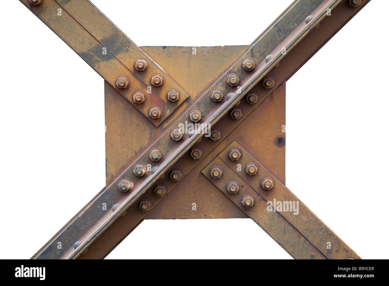 Un forte travi in acciaio struttura di un ponte ferroviario con dadi e bulloni in acciaio a vite per i ponti ferroviari basato sulla forza. Foto Stock