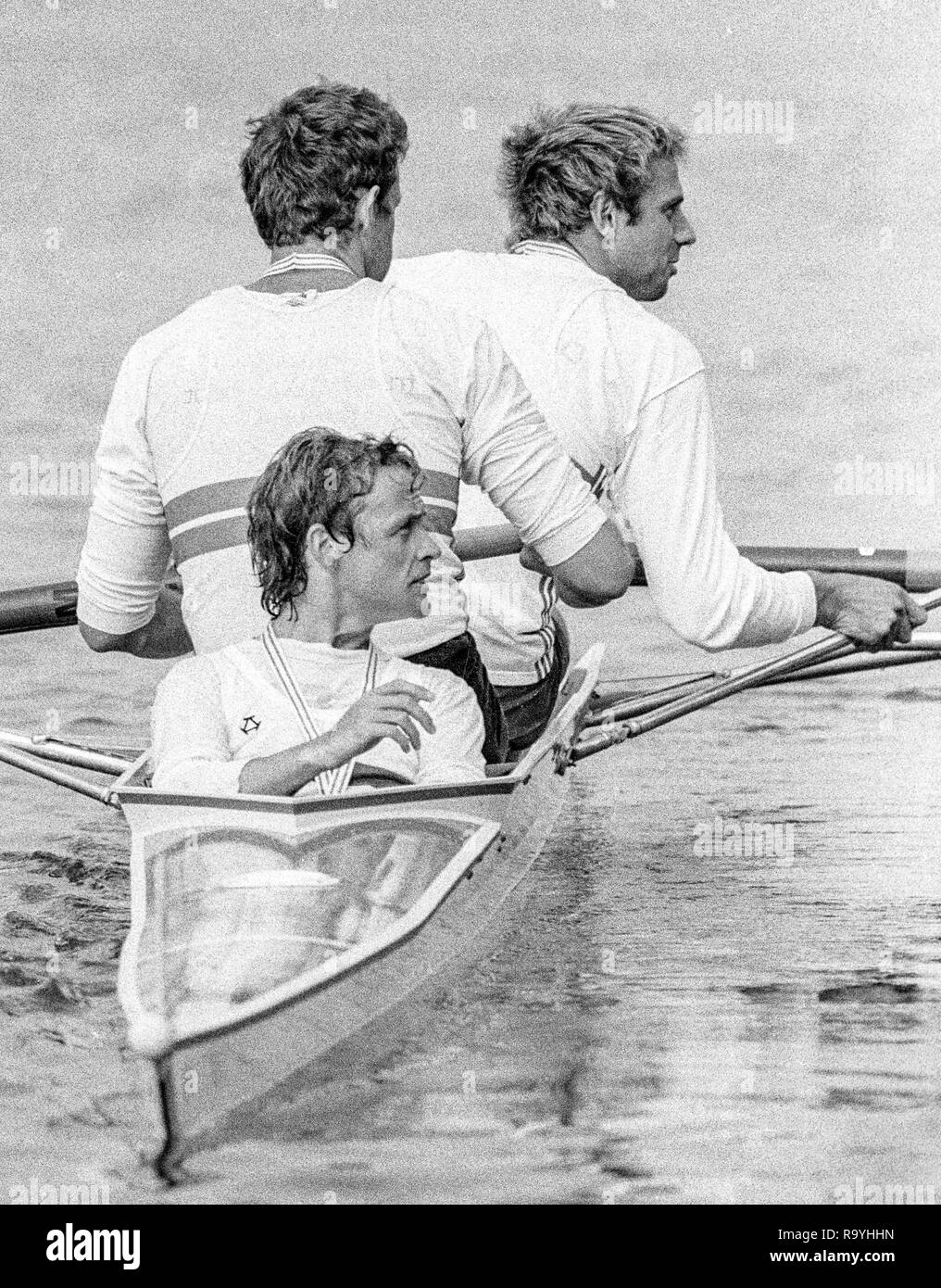 Nottingham, Inghilterra. GBR M2+, COX, Pat SWEENEY, prua, Andy HLMES e Steve REDGRAVE, 1986 Mondo campionati di canottaggio, Holme Pierrepont corso, Nottingshire. [Obbligatorio di credito. Peter Spurrier/Intersport immagini] Foto Stock