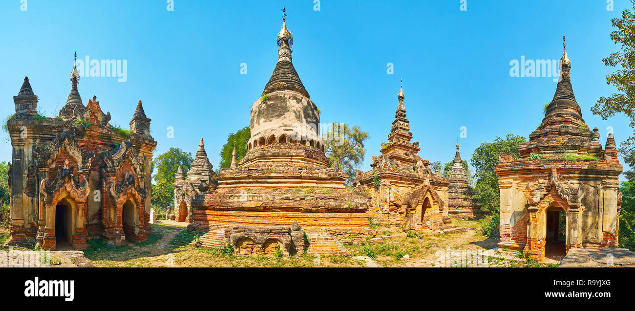 Panorama di mattoni rossi Daw pagoda Gyan con scenic santuari e gli stupa preservato sin dai tempi antichi e dal AVA (Inwa), Myanmar. Foto Stock