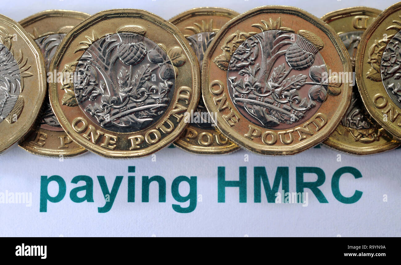 BRITISH una libbra di monete con la letteratura HMRC RE PAGAMENTI PAGARE LA SUA MAJESTYS entrate e le tasse doganali ecc. Foto Stock