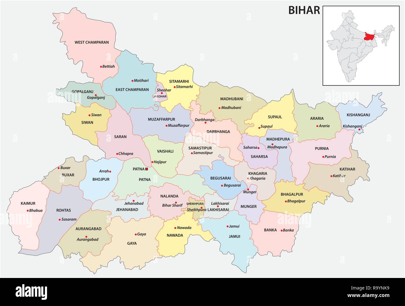 Politica e amministrativa di mappa di stato indiano del Bihar, in India Illustrazione Vettoriale