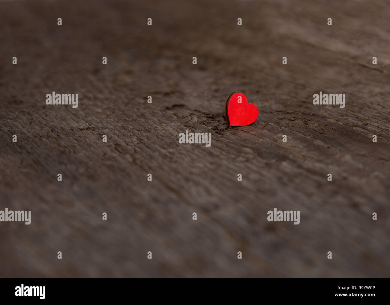 Unico in legno piccolo cuore rosso su un vecchio legno secco board per il giorno di San Valentino close up Foto Stock