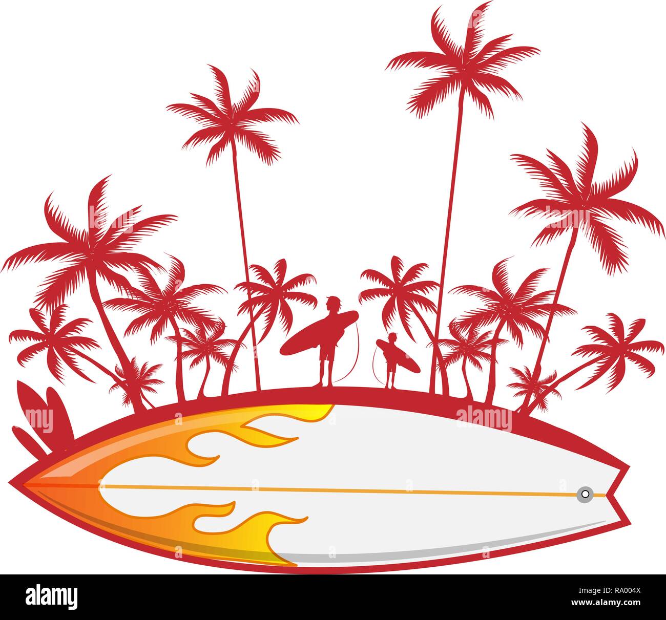 Tavola da surf con Palm tree isoalted su bianco. illustrazione vettoriale Illustrazione Vettoriale