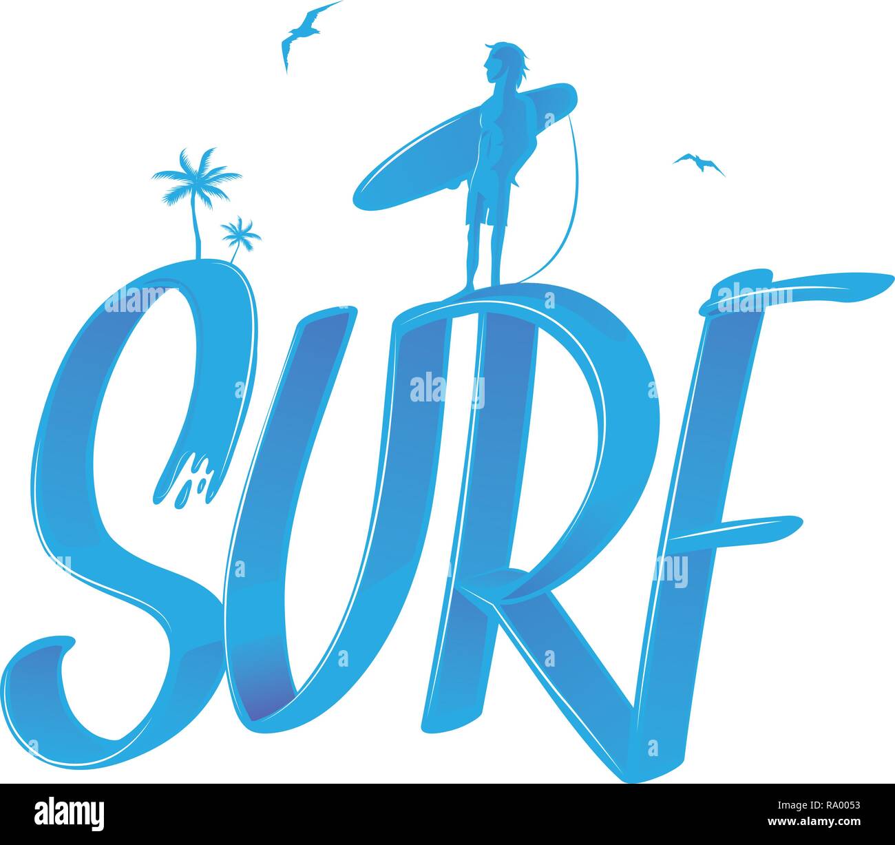 Surf lettering con palme e surfer , 3d stile. illustrazione vettoriale Illustrazione Vettoriale