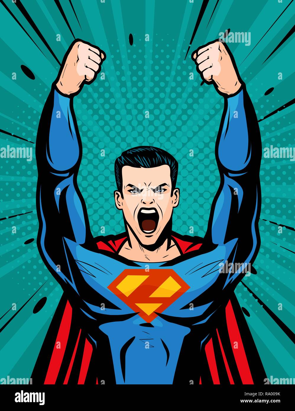 Il supereroe forte. Cartoon in arte pop retrò stile comico, illustrazione vettoriale Illustrazione Vettoriale