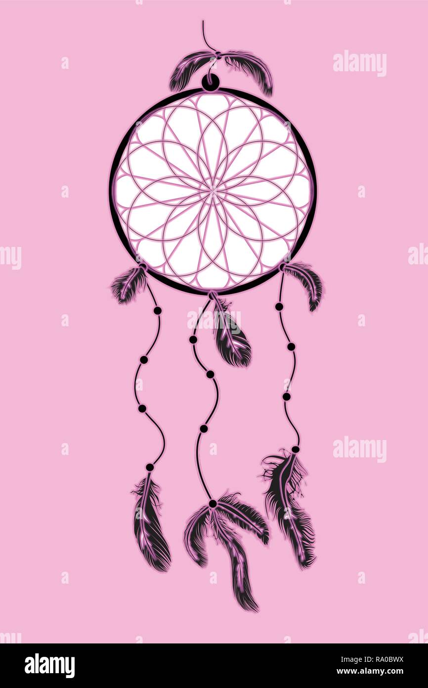 North American Indian dreamcatcher ornamento isolata su uno sfondo rosa Illustrazione Vettoriale