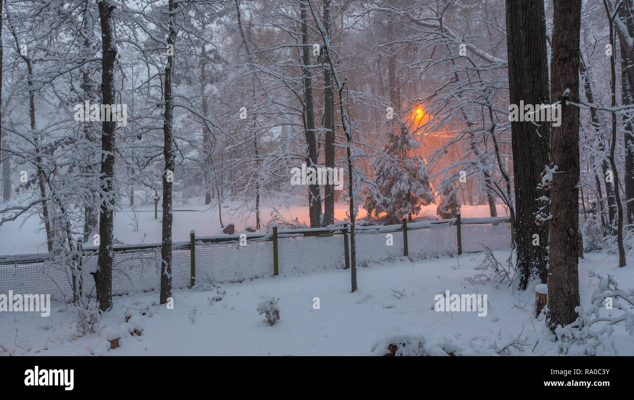 Coperta di neve recinto con Orange lampione in background sul mattino nevoso Foto Stock