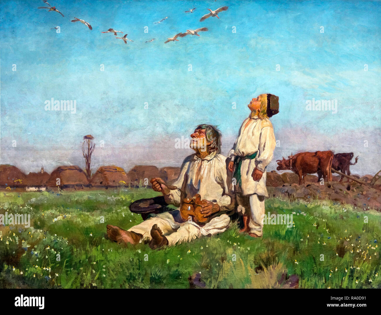 Cicogne da Józef Chełmoński (1849-1914), olio su tela, 1900 Foto Stock