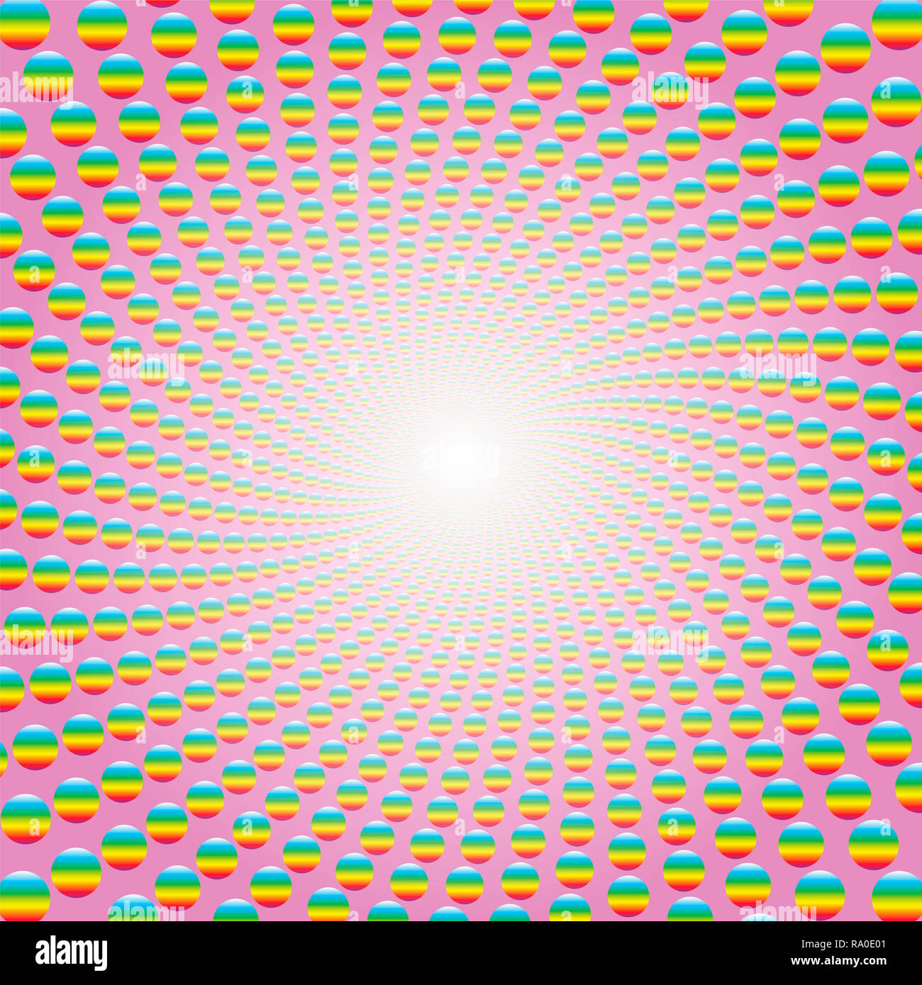 Rainbow palle colorate formando una spirale su sfondo rosa con Brillante centro bianco. Twisted circolare illustrazione dello sfondo, ipnotico e psichedelico Foto Stock