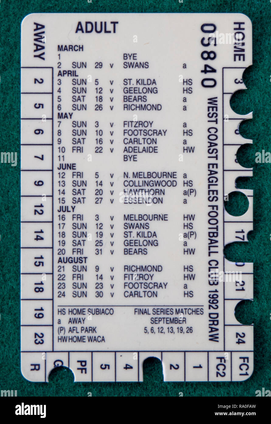 Retro della West Coast Eagles Football Club membership card per l'anno 1992. Foto Stock