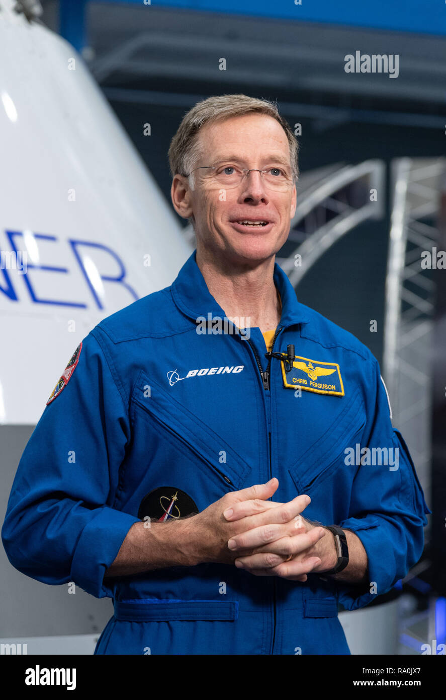 La NASA Boeing Commercial equipaggio astronauta Chris Ferguson durante l'annuncio di astronauti scelti per la Boeing e commerciale SpaceX equipaggi presso il Johnson Space Center Agosto 3, 2018 in Houston, Texas. Foto Stock