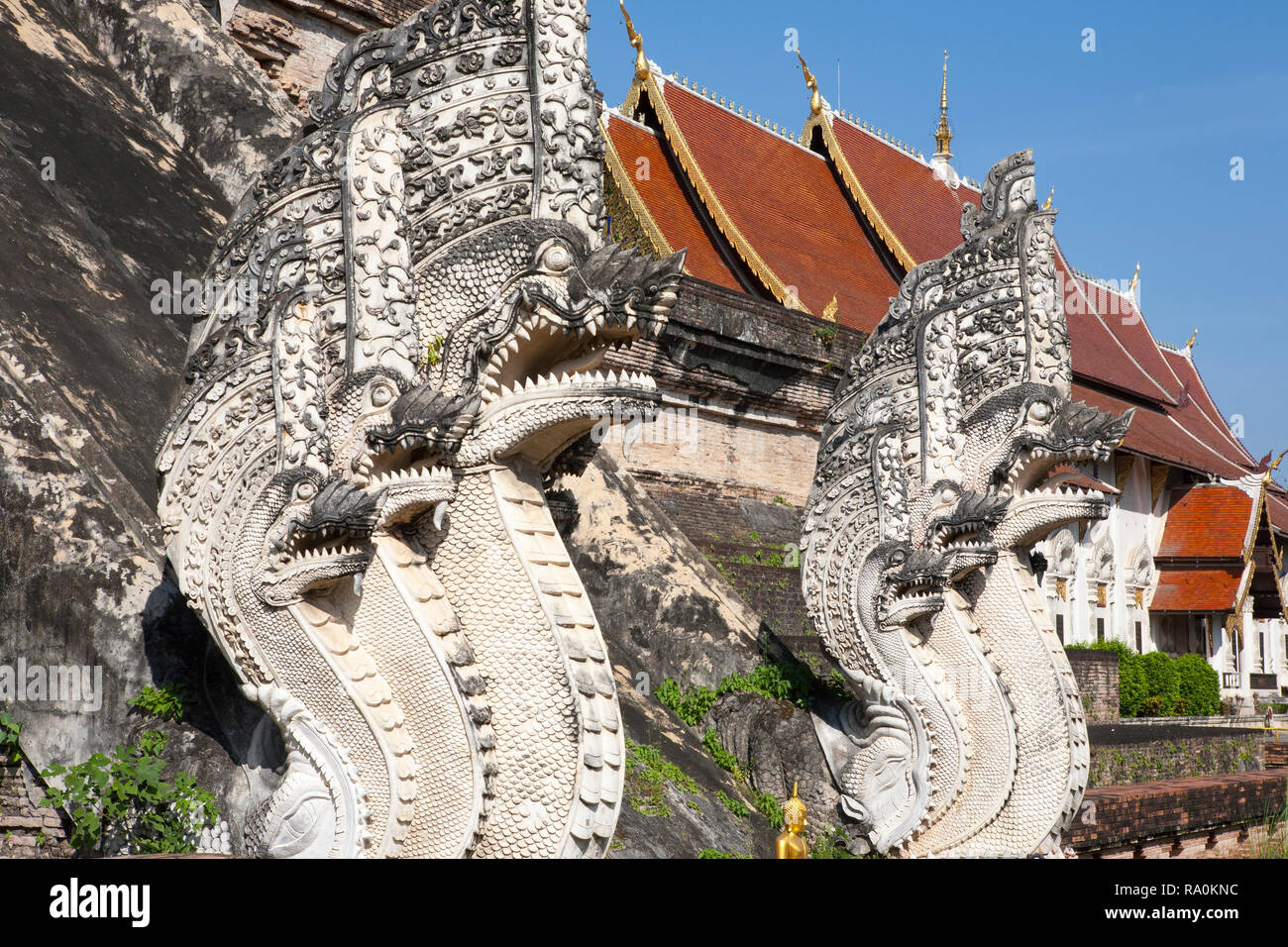 Dragon serpente statue, Wat Chedi Luang tempio, Chiang Mai, Thailandia Foto Stock