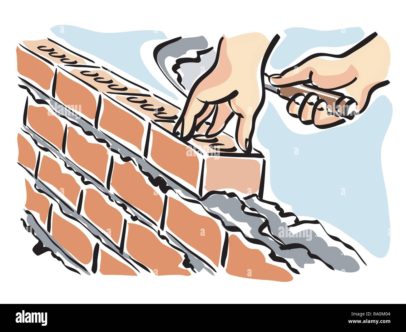 Illustrazione di un lavoratore edile durante la costruzione di un muro di una casa Illustrazione Vettoriale