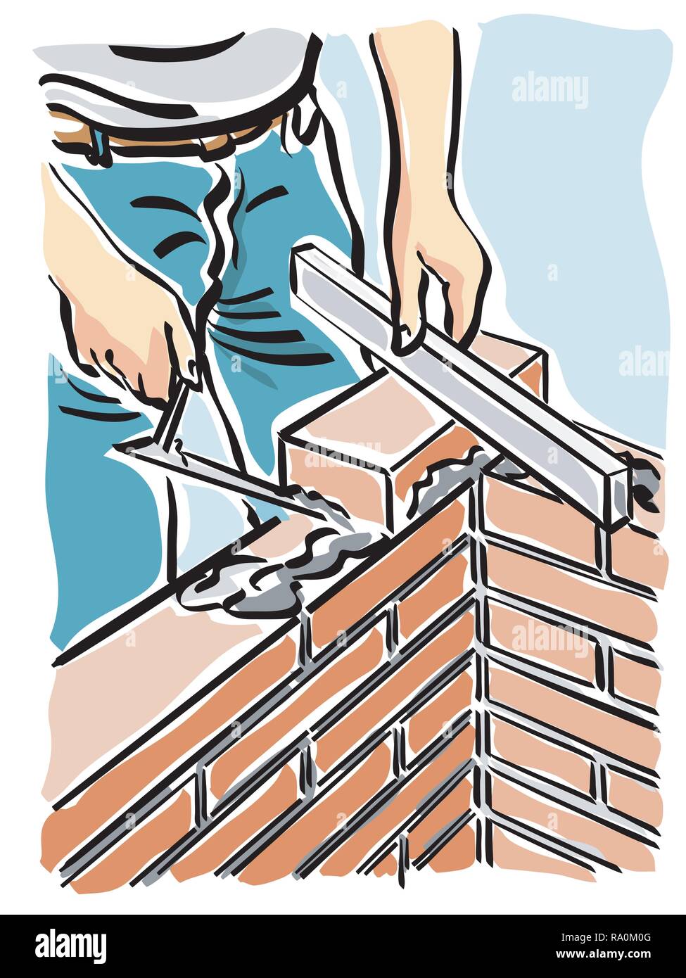 Illustrazione di un lavoratore edile durante la costruzione di un muro di una casa Illustrazione Vettoriale