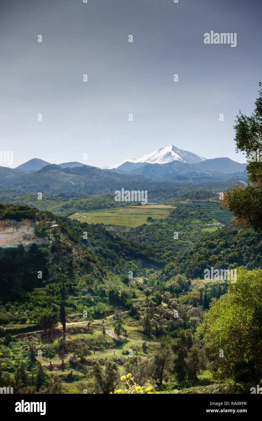 Vista in lontananza Cime montagna con vegetazione lussureggiante in primo piano Creta Grecia Europa Foto Stock