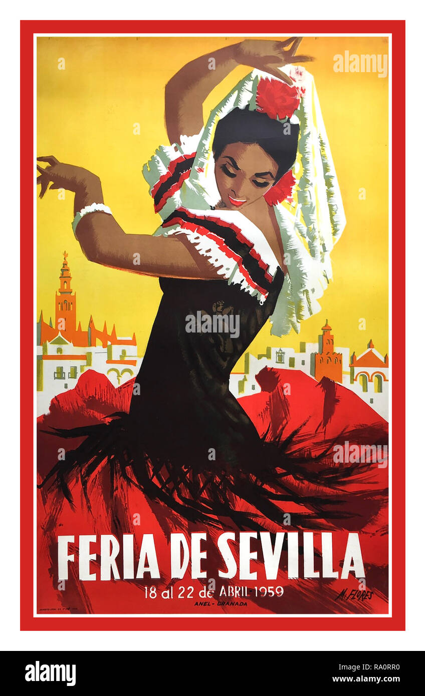Siviglia FIESTA Vintage trasferta spagnola poster 1950.... Festival di Siviglia "Feria de Sevilla" 1959. Señorita tradizionale ballerina di flamenco in primo piano con la città di Siviglia dietro .artista MANUEL FLORES PÉREZ. Spagna Foto Stock