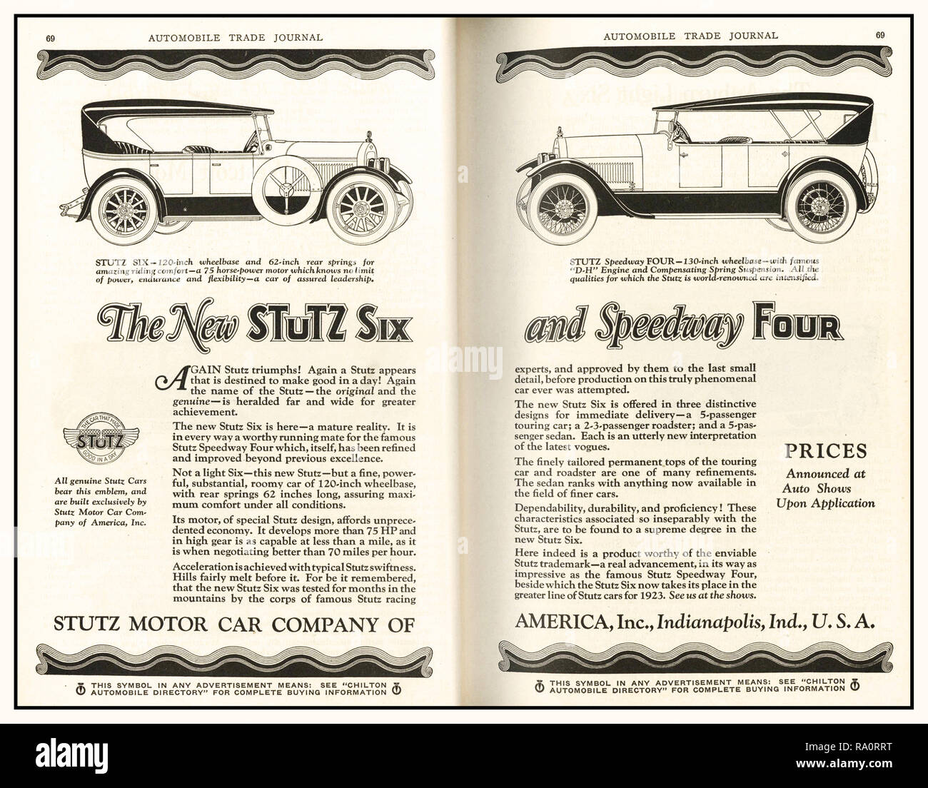 Premere archivio pubblicità per 1920's Stutz American Automobiles 'Nuovo Stutz sei e Speedway quattro' Stutz costruito alcune delle più avanzate dal punto di vista meccanico le vetture dell'epoca classica. Pubblicizzato come 'La vettura che ha fatto bene in un giorno" riferendosi alla loro prima mostra al 1911 Indianapolis 500; Stutz è stata incredibilmente potente e veloce ed elegante auto su pista o su strada. Foto Stock