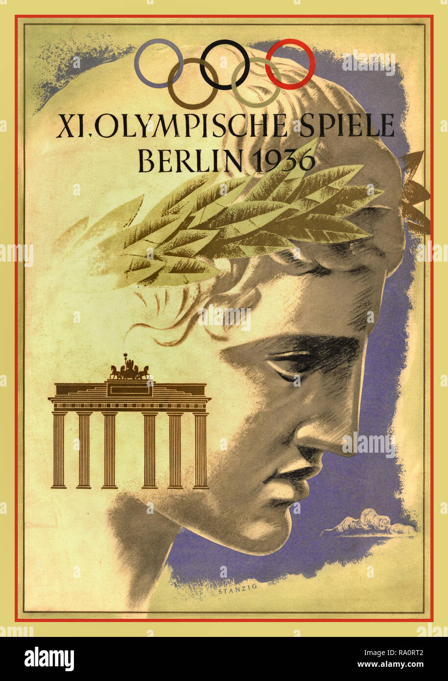 Poster d'epoca delle Olimpiadi di Berlino 1936 con la statua dell'atleta greca della porta di Brandeburgo e gli anelli olimpici, Berlino Germania Foto Stock