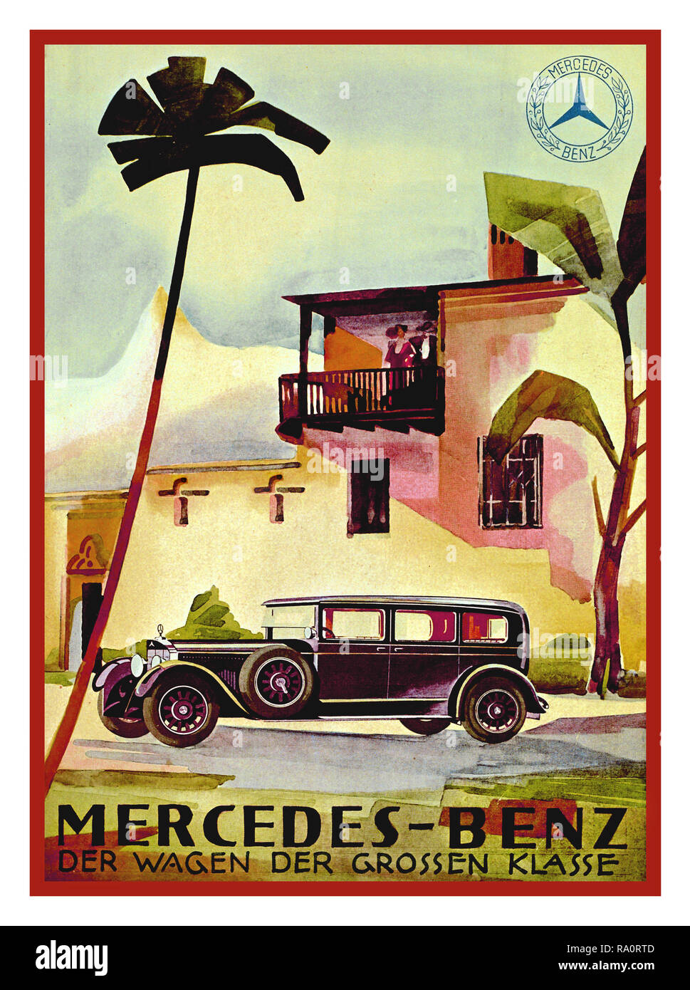 1920 Mercedes-Benz Vintage Tipo auto W 08 400/460 Nürberg Automobile annunci stampa: "La vettura in una classe di propria" dall'Oriente a Palm-Tree impostazioni - touring lontane terre erano un popolare motivo di pubblicità nel 1928. Foto Stock