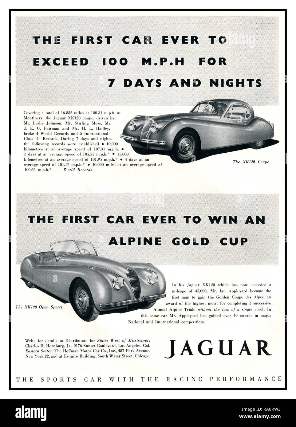 JAGUAR 1950 Vintage pubblicità per Jaguar XK120 super sports cars il coupé e sport aperto "La produzione più veloce auto sportiva nel mondo, in primo luogo a superare i 100km/h per 7 giorni e notti gara endurance. La più straordinaria vettura della sua generazione progettato e costruito in Gran Bretagna REGNO UNITO Foto Stock