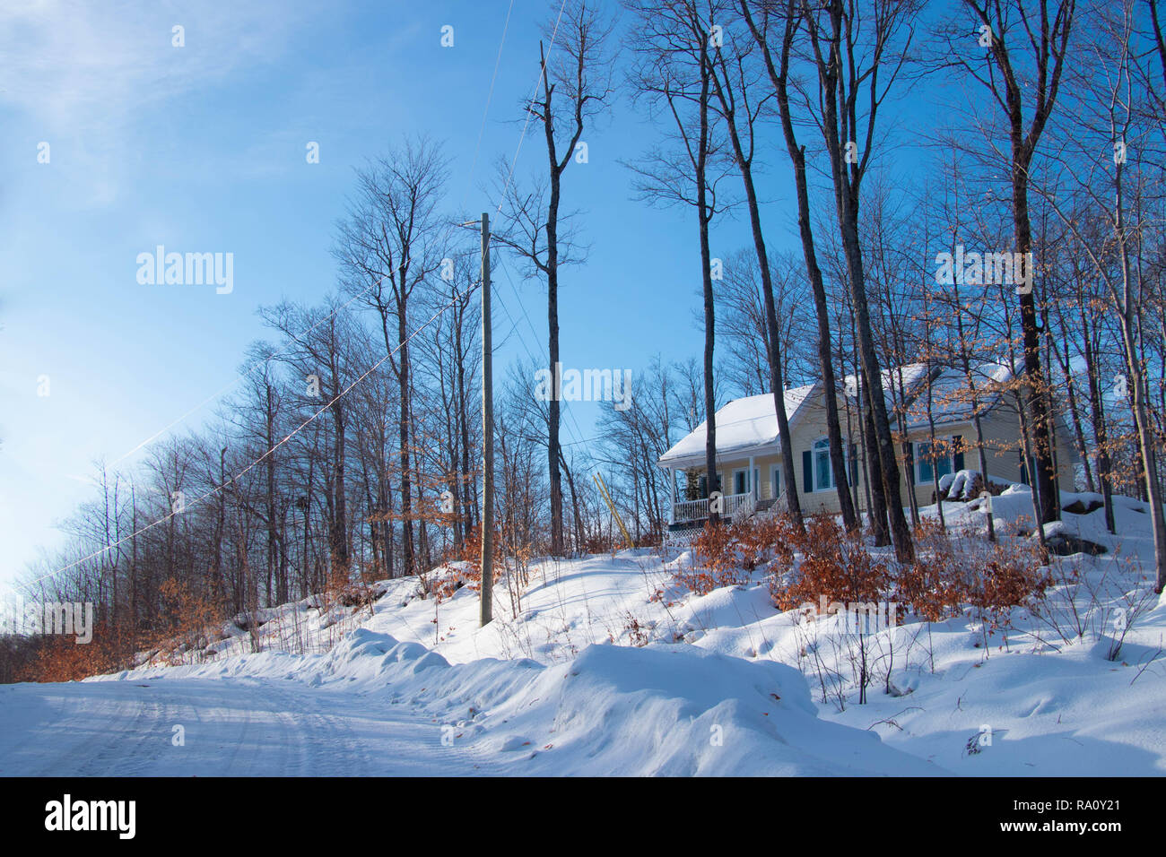Casa Gialla - Campagna di scena in inverno in una giornata di sole. Paesaggio canadese Foto Stock