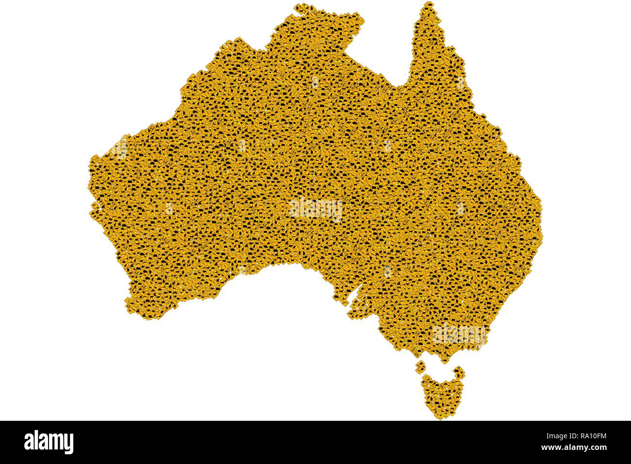 Australian segnaletica interna all'australiano mappa. La fauna selvatica animali: UEM, Echidna, diavoli della Tasmania, Wombat, canguro, Penguin, SQUALO, anatre Snake cervi di ratto Lizard cavallo e veicoli. Isolato su bianco. Foto Stock