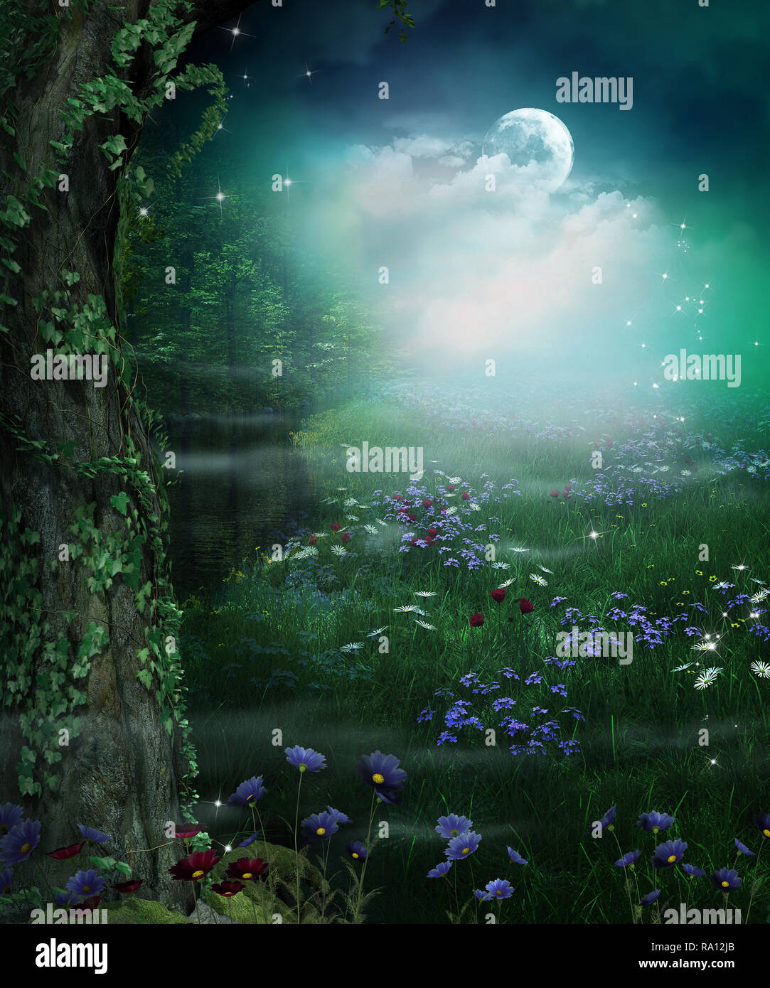 Incantevoli apertura della foresta di notte e la luna piena, 3D Rendering immagine Foto Stock