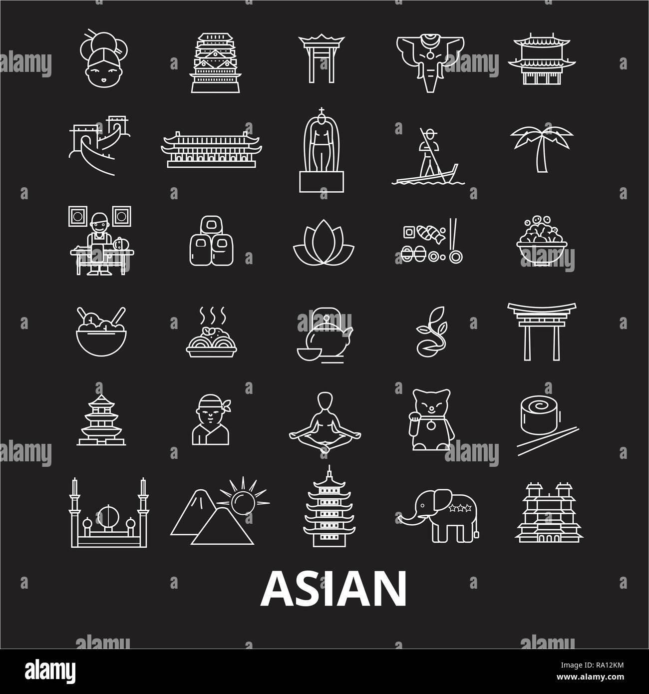 Asia e asiatici linea modificabile vettore icone impostato su sfondo nero. Asia e asiatici contorno bianco illustrazioni, segni, simboli Illustrazione Vettoriale