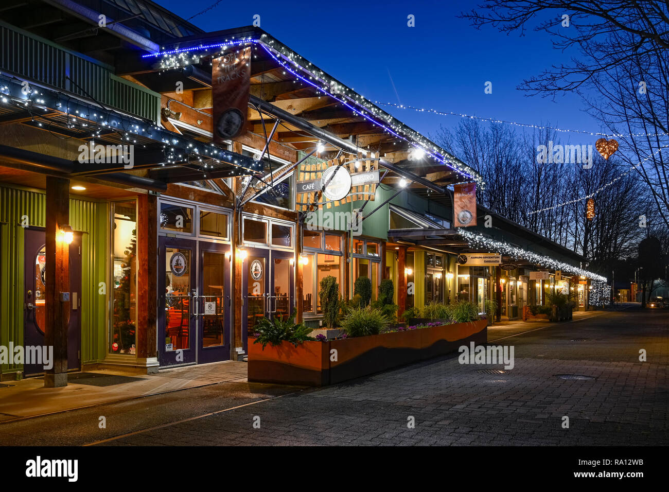 Vicolo Railspur, Granville Island, Vancouver, British Columbia, Canada Foto Stock