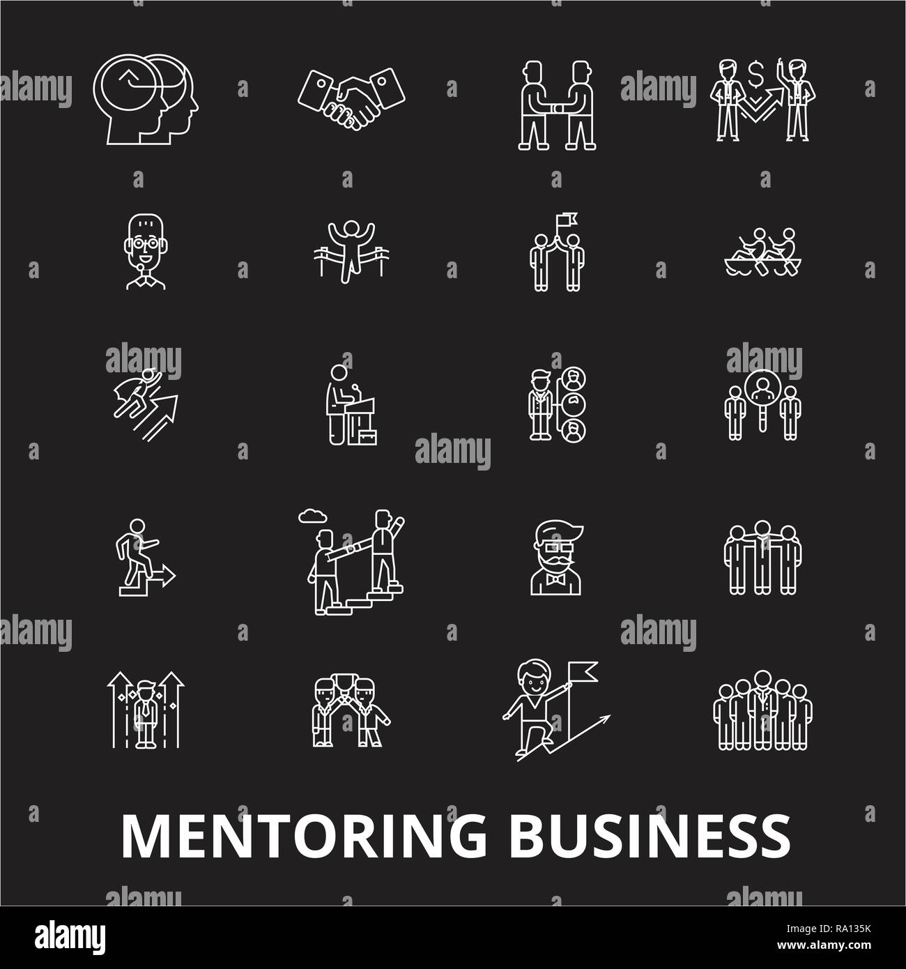 Il mentoring business linea modificabile vettore icone impostato su sfondo nero. Il mentoring business profilo bianco illustrazioni, segni, simboli Illustrazione Vettoriale