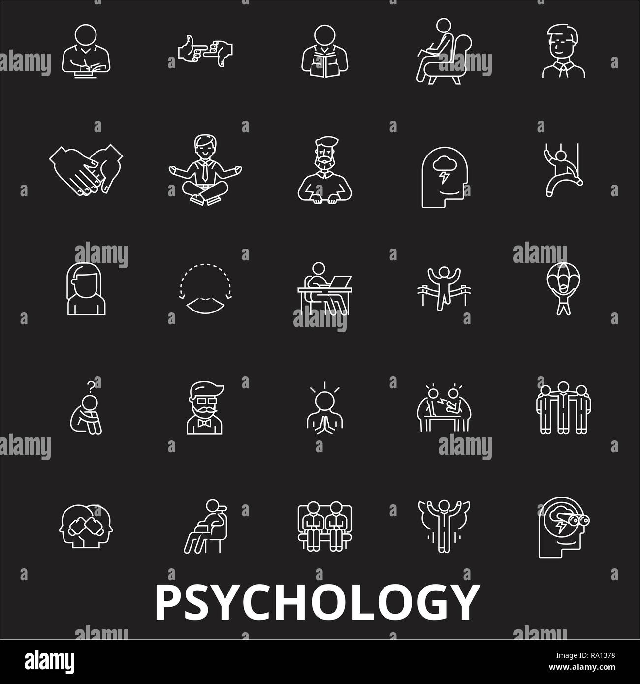 La psicologia della linea modificabile vettore icone impostato su sfondo nero. Psicologia profilo bianco illustrazioni, segni, simboli Illustrazione Vettoriale