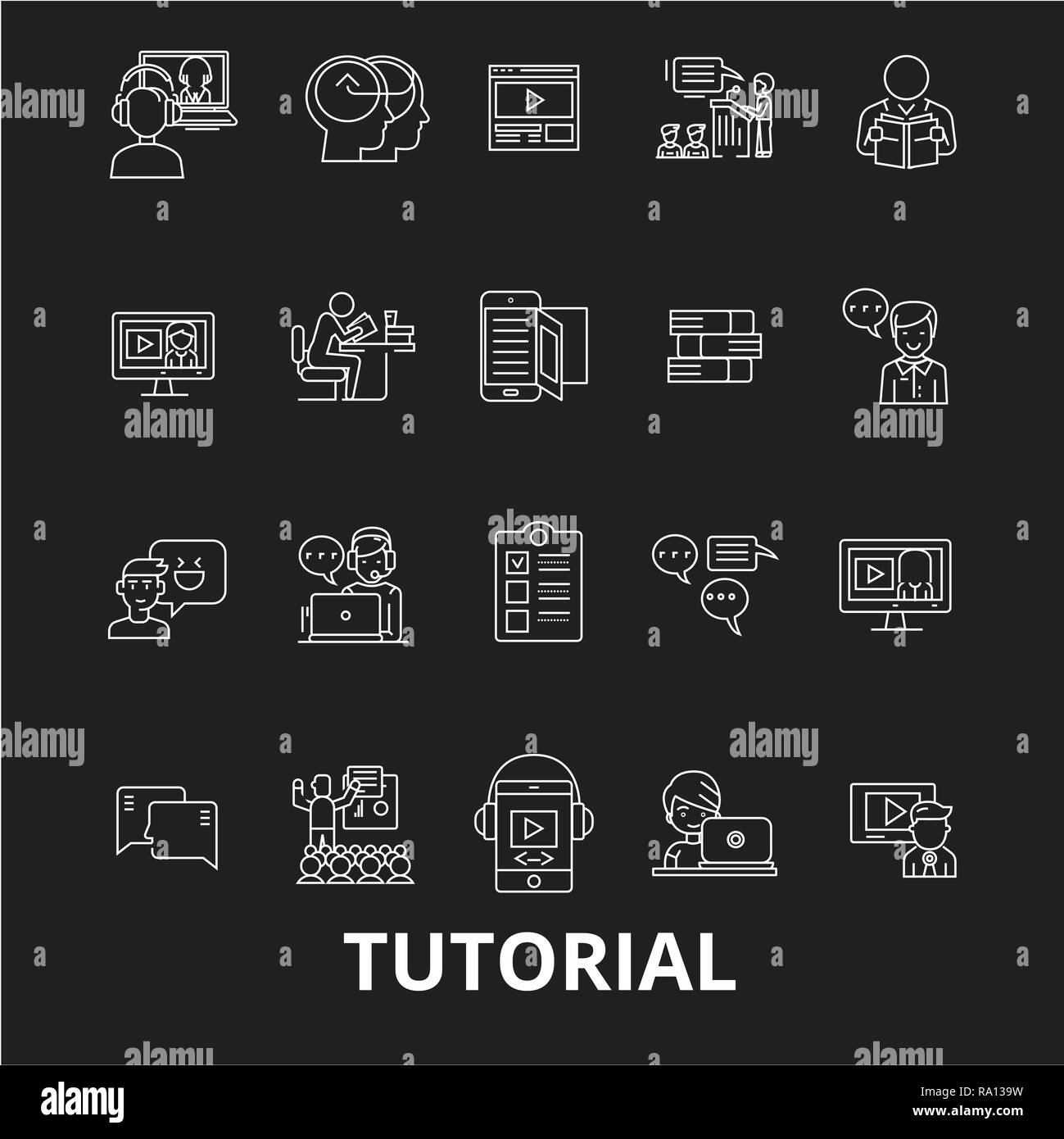 Tutorial linea modificabile vettore icone impostato su sfondo nero. Tutorial profilo bianco illustrazioni, segni, simboli Illustrazione Vettoriale