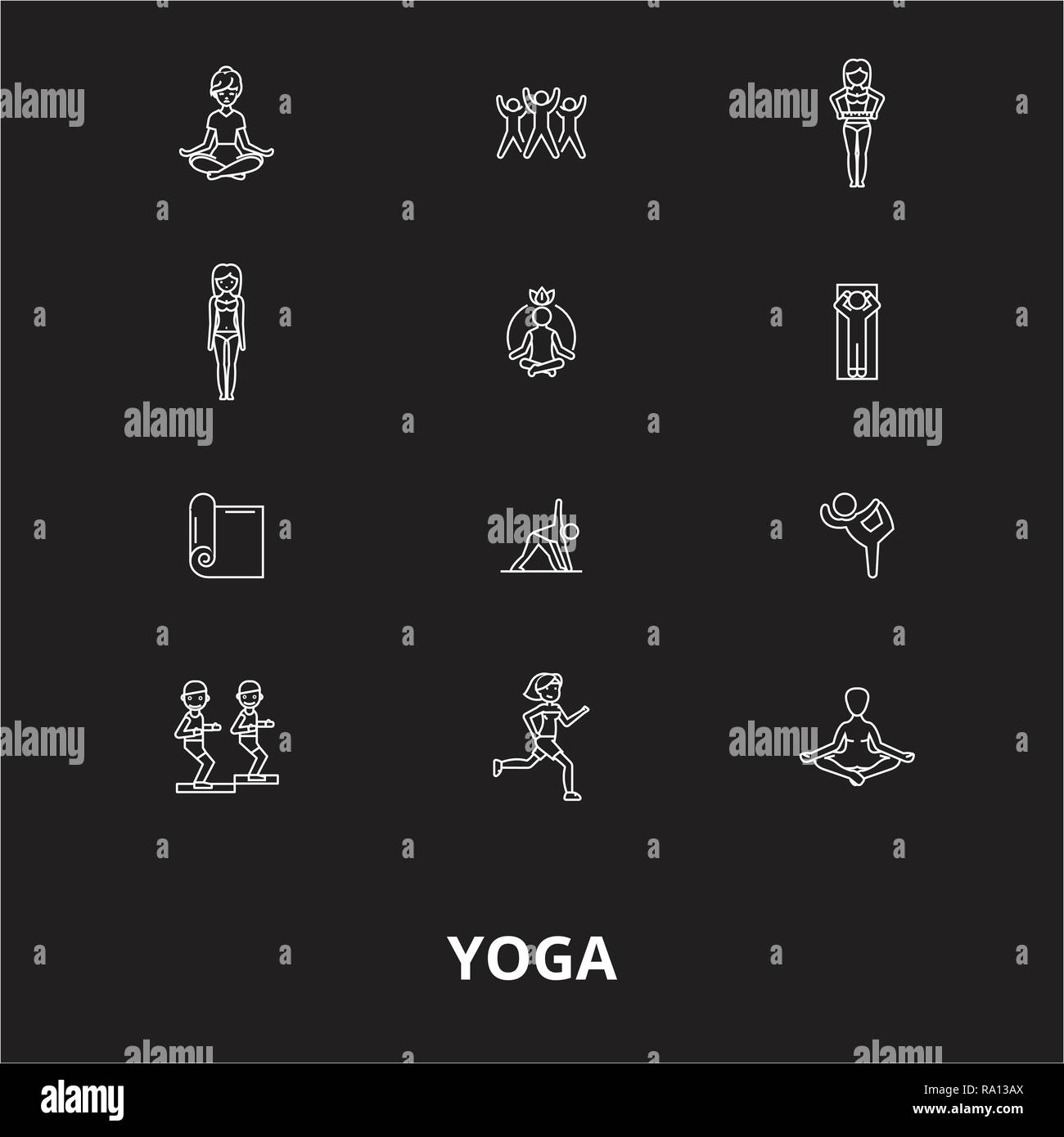 Lo Yoga della linea modificabile vettore icone impostato su sfondo nero. Lo Yoga profilo bianco illustrazioni, segni, simboli Illustrazione Vettoriale