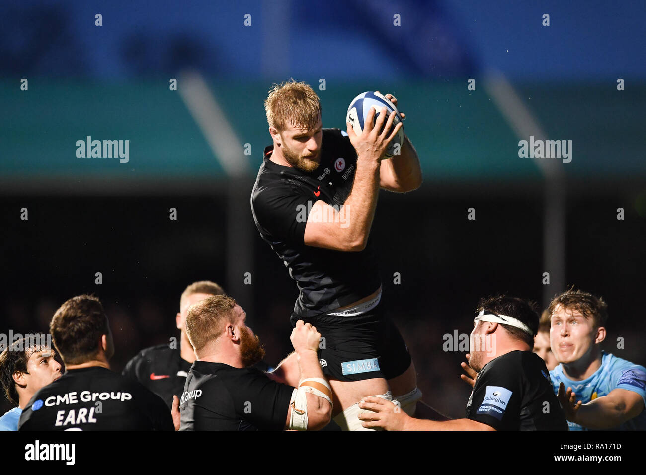 Londra, Regno Unito. 29 Dic, 2018. George Kruis dei Saraceni durante la Premiership Gallagher Rugby Round 11 match tra Saraceni e Worcester Warriors al Parco di Allianz il Sabato, 29 dicembre 2018. Londra Inghilterra. (Solo uso editoriale, è richiesta una licenza per uso commerciale. Nessun uso in scommesse, giochi o un singolo giocatore/club/league pubblicazioni.) Credito: Taka G Wu/Alamy News Credito: Taka Wu/Alamy Live News Foto Stock