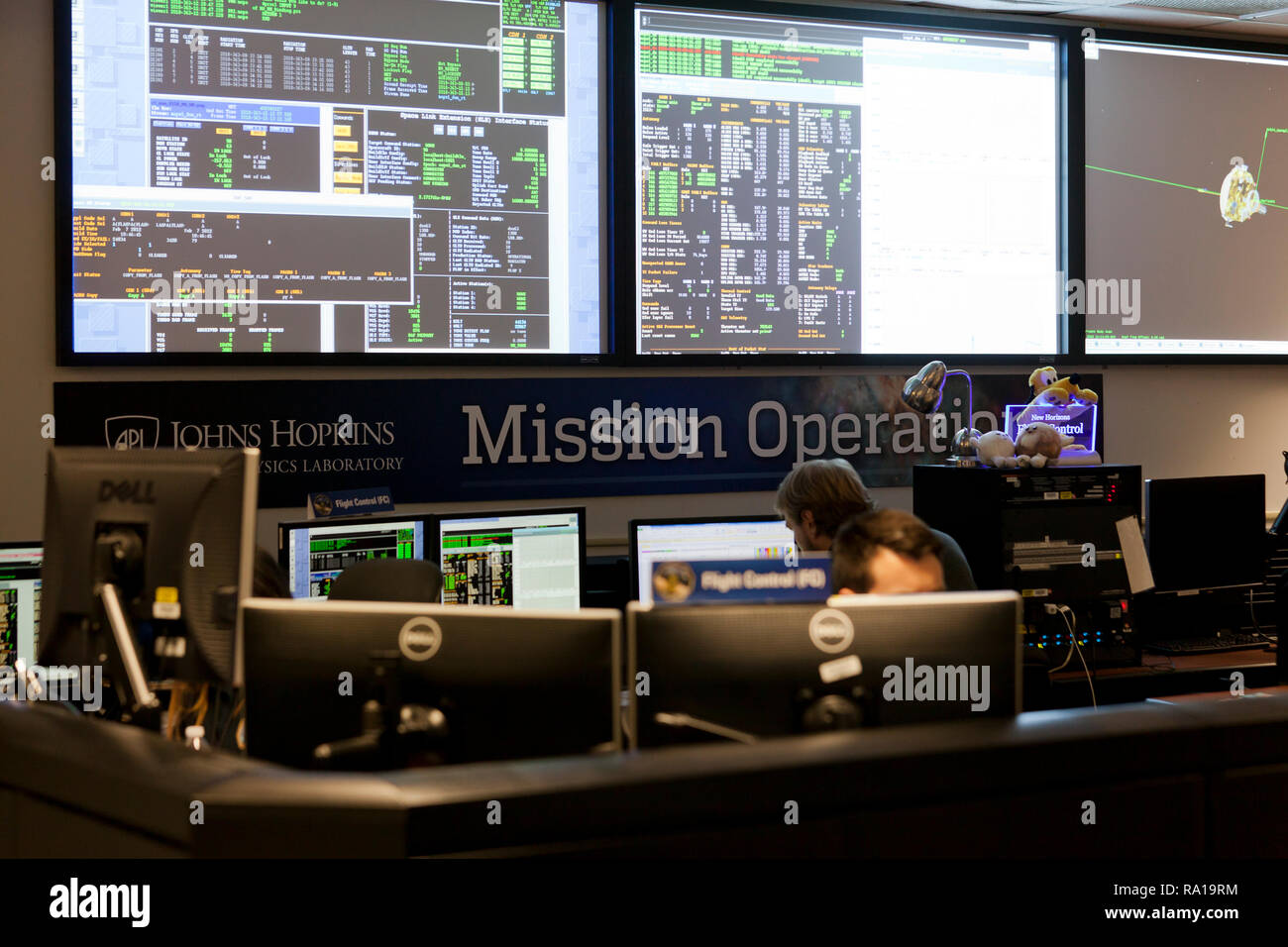 Laurel, Maryland, USA, 29 dicembre, 2018: la Johns Hopkins University Applied Physics Laboratory (APL) Missione Operations Center e Scienza Centro operazioni per preparare il suo spazio interplanetario sonda nuovi orizzonti volo di un Kuiper Belt object ultima Thule. Nuovi Orizzonti è programmato per arrivare a ultima Thule su 05:33 UTC, 1st, Gennaio 2019. Credito: B Christopher/Alamy Live News Foto Stock