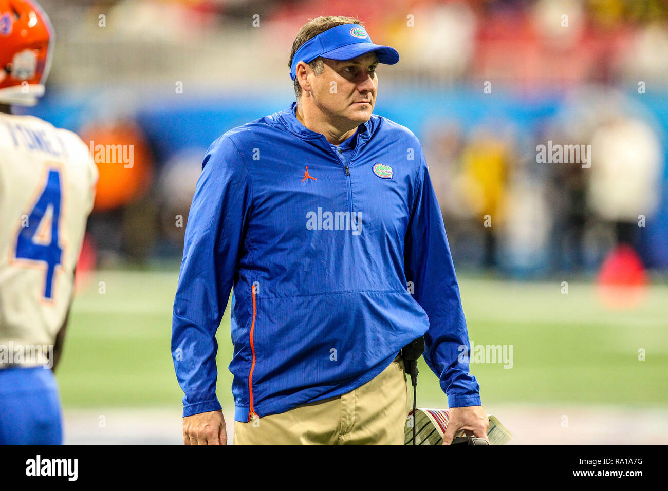 Dicembre 29, 2018: Florida Dan Mullen durante il Chick-Fil-una ciotola di pesche, dotato della Florida Gators e il Michigan ghiottoni, giocato a Mercedes Benz Stadium di Atlanta, Georgia. Florida sconfitto Michigan, 41-15, la rivendicazione Peach Bowl campionato. Cecil Copeland/CSM Foto Stock