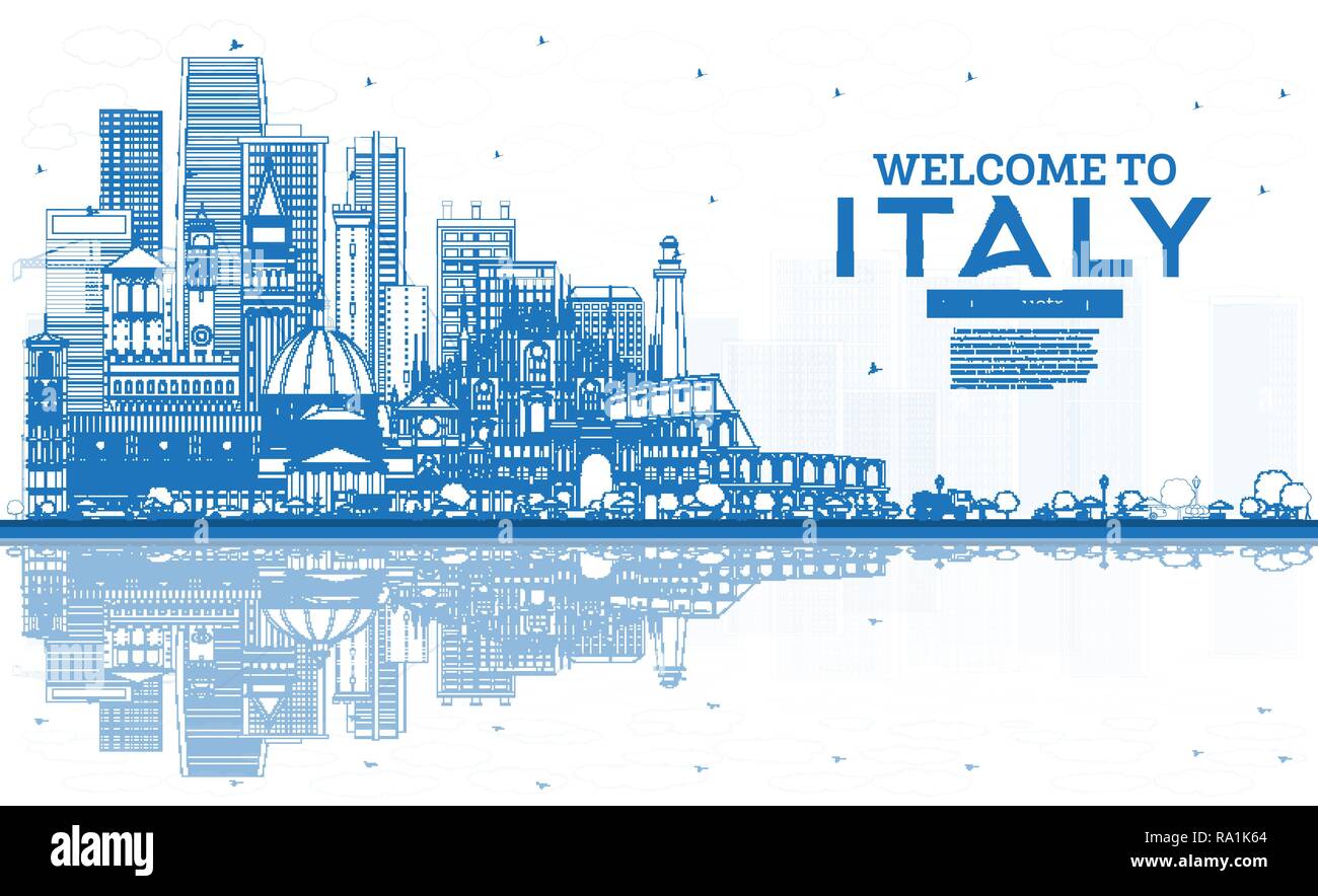 Profilo Benvenuti in Italia dello skyline della città con edifici blu e riflessi. I luoghi più famosi in Italia. Illustrazione Vettoriale. Viaggi e Turismo Concept Illustrazione Vettoriale