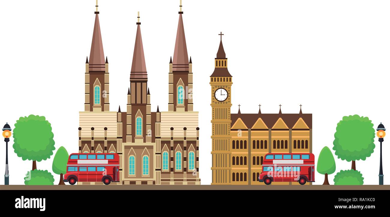 Big ben monumento con abbazia e double decker bus con alberi in sfondo bianco illustrazione vettoriale graphic design Illustrazione Vettoriale