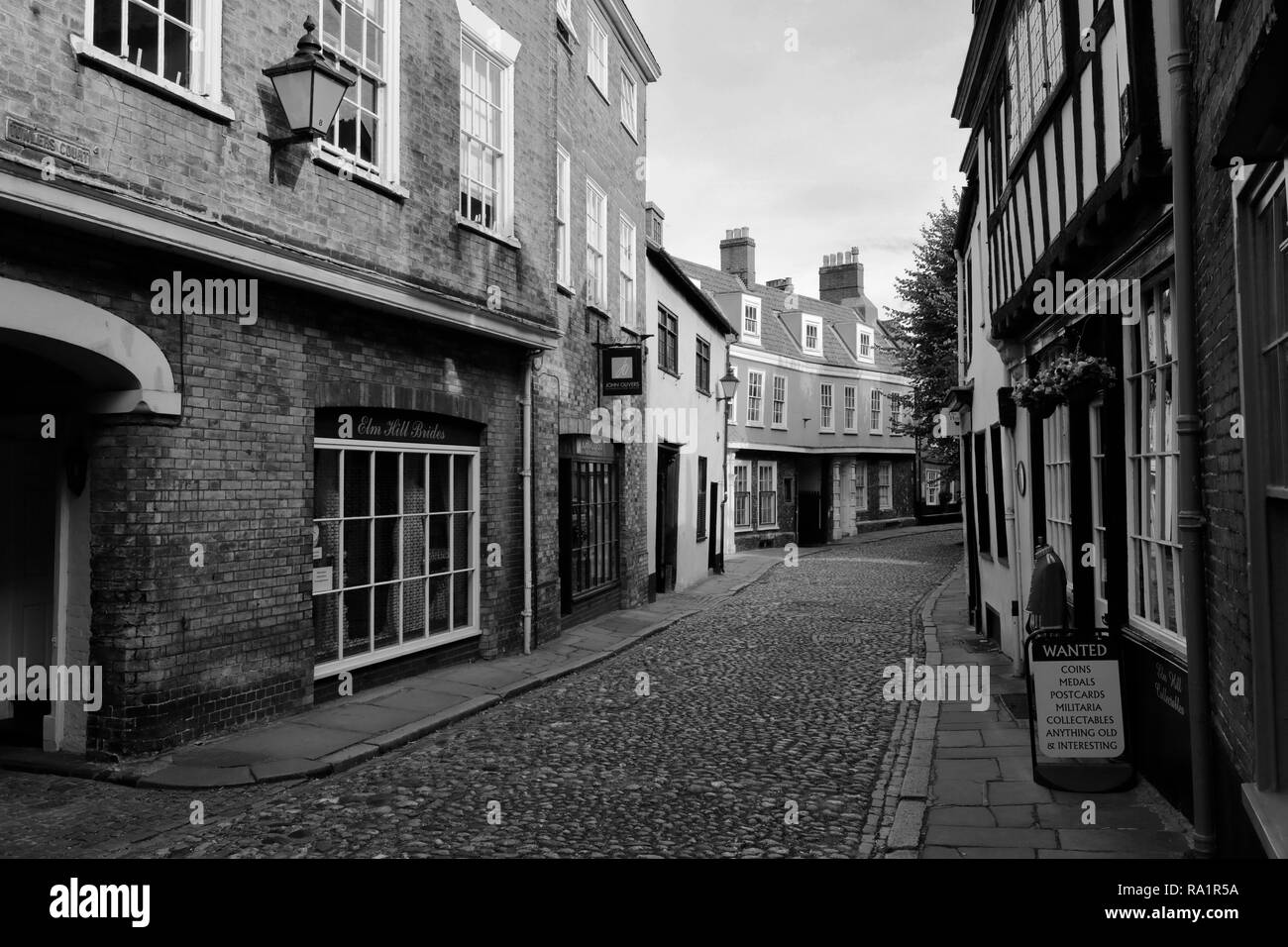 Architettura e negozi lungo la stretta strada di ciottoli di Elm Hill, le corsie, Norwich City, contea di Norfolk, Inghilterra, Regno Unito Foto Stock