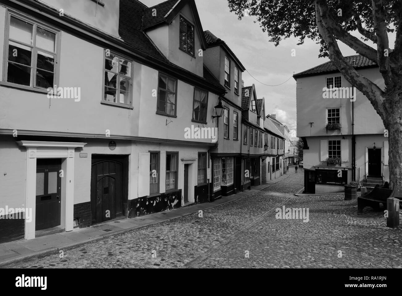 Architettura e negozi lungo la stretta strada di ciottoli di Elm Hill, le corsie, Norwich City, contea di Norfolk, Inghilterra, Regno Unito Foto Stock