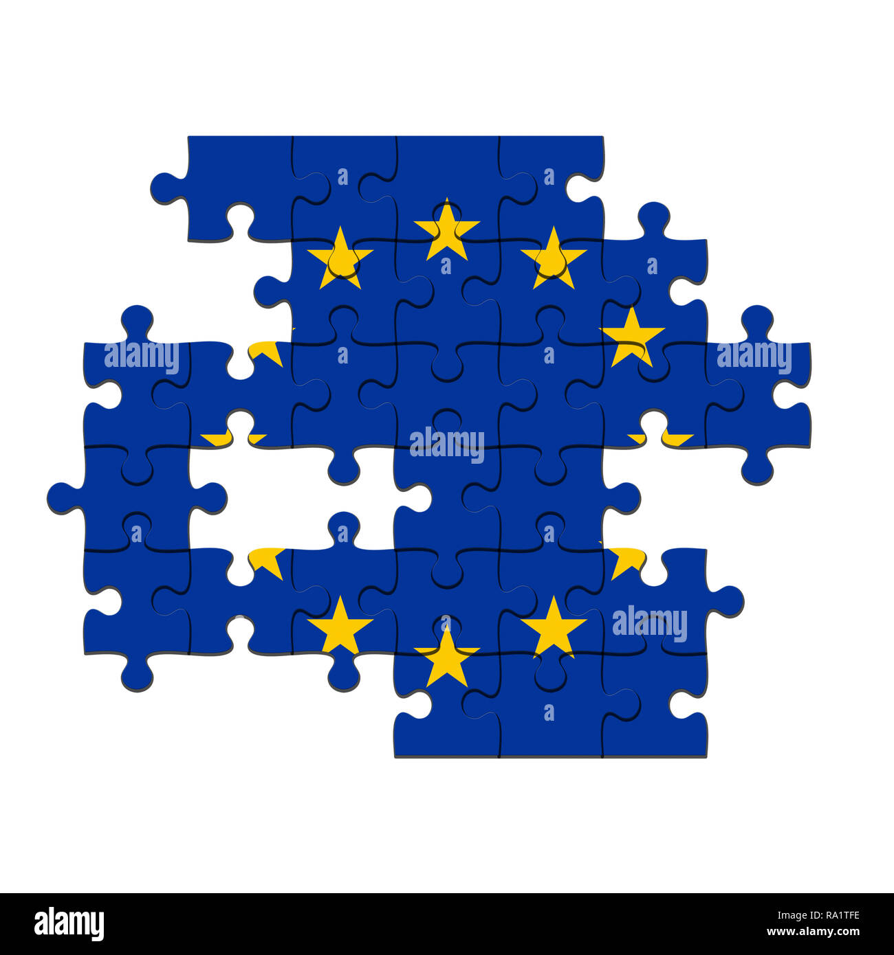 Crisi UE concetto: incompleta bandiera UE Jigsaw Puzzle con pezzi mancanti, 3d illustrazione contro uno sfondo bianco Foto Stock