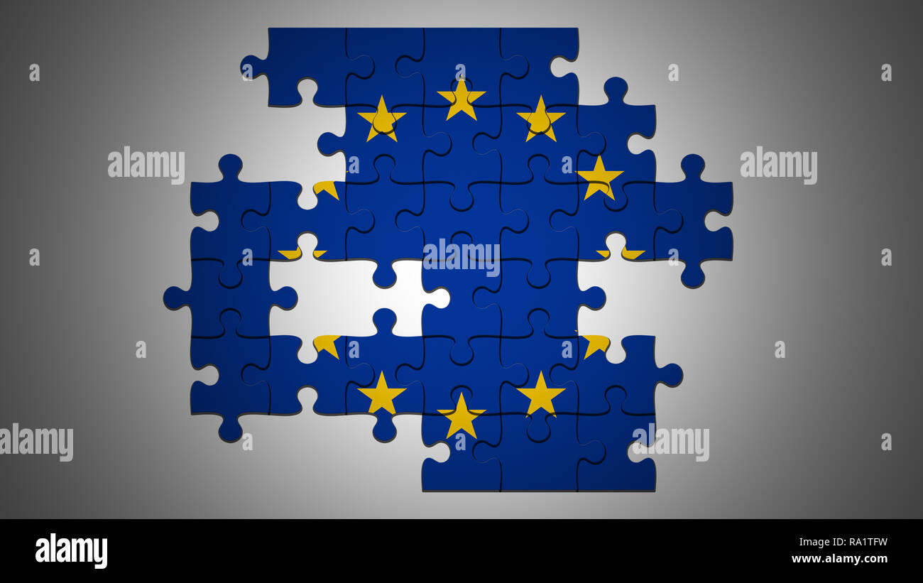 Crisi UE concetto: incompleta bandiera UE Jigsaw Puzzle con pezzi mancanti, 3d illustrazione Foto Stock