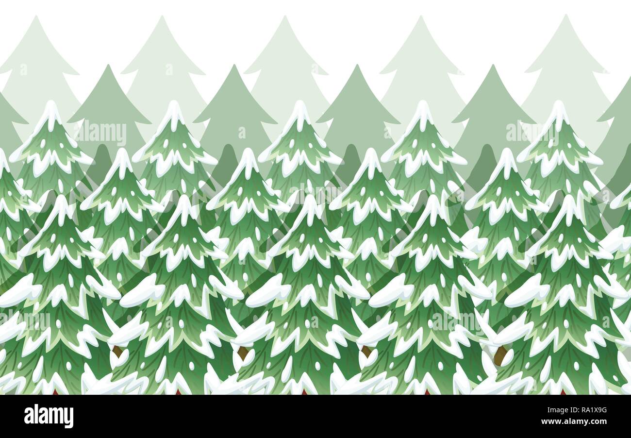Abete verde paesaggio. Raccolta di verde abete rosso. Evergreen stile piatto. Albero di natale nella neve. Illustrazione Vettoriale su sfondo bianco. Illustrazione Vettoriale