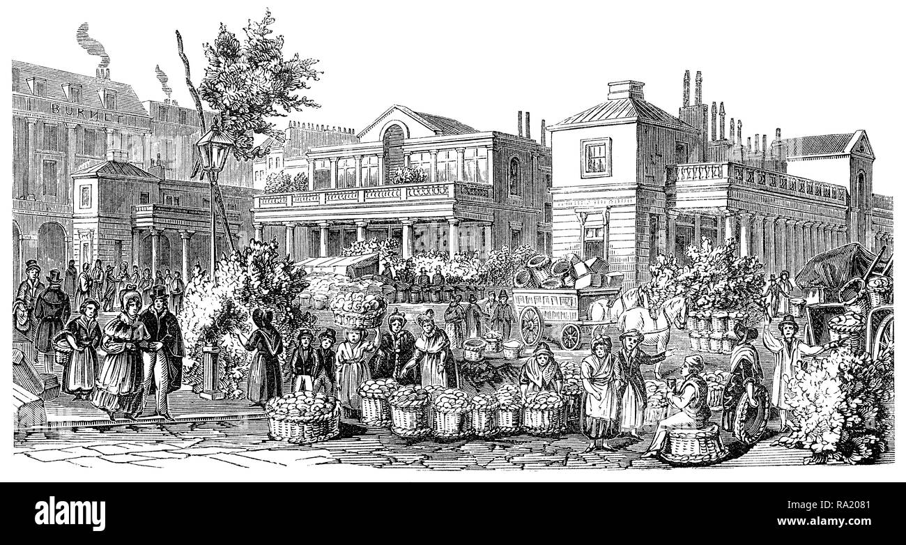 1845 incisione di esclusione del mercato di Covent Garden di Londra. Foto Stock