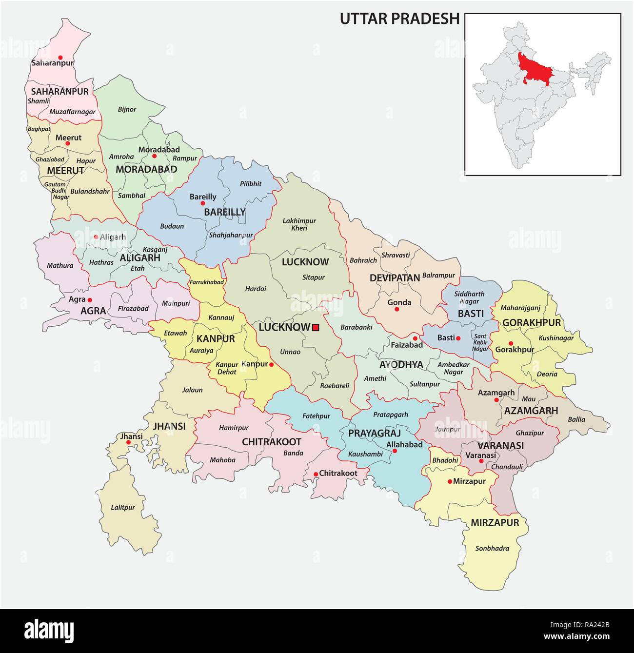 Politica e amministrativa di mappa di stato indiano dell'Uttar Pradesh, India Illustrazione Vettoriale
