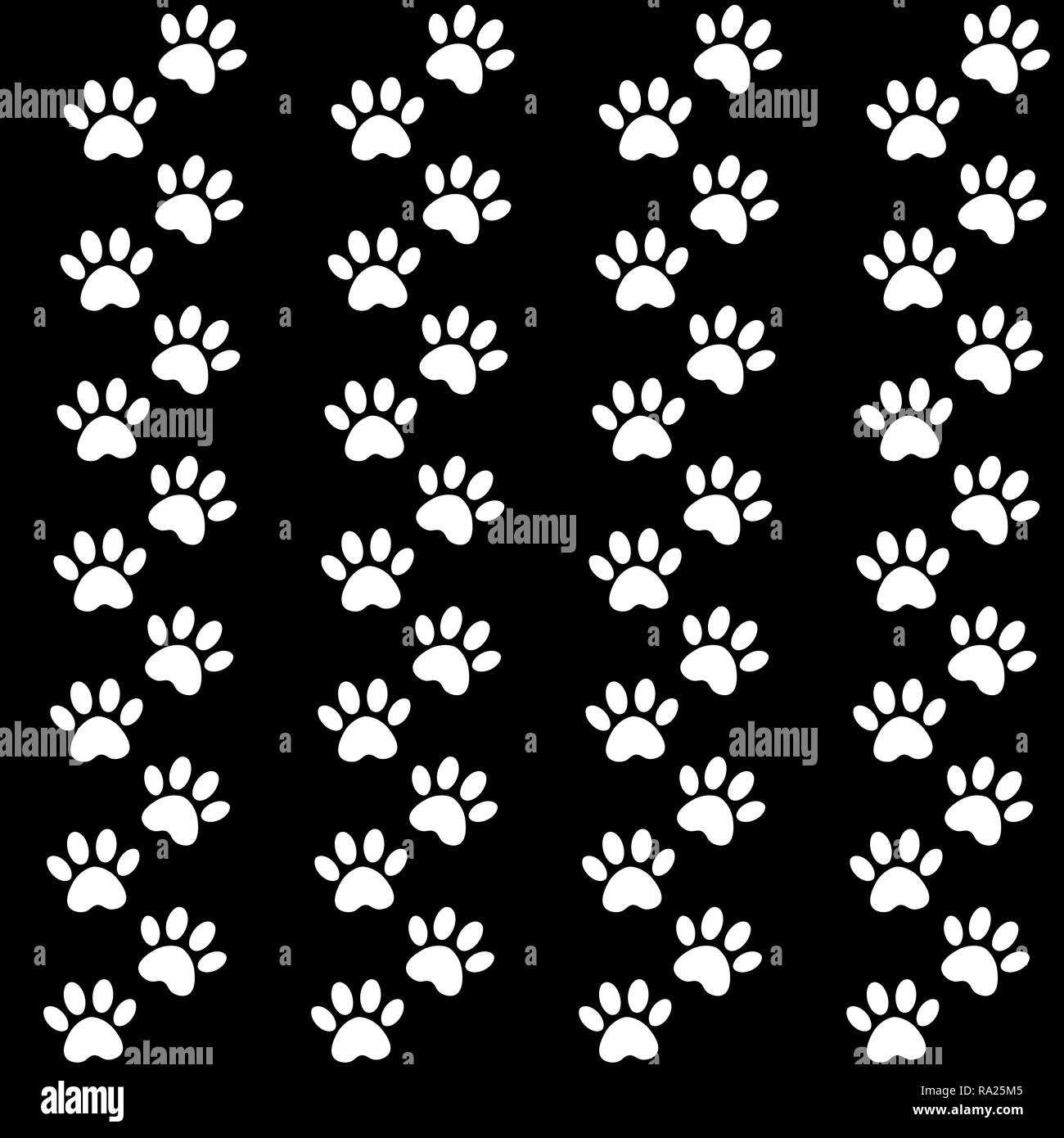 Sfondo nero per il confezionamento di design. Tracce di cat modello di tessili. Vector seamless paw stampa modello senza giunture. Illustrazione Vettoriale