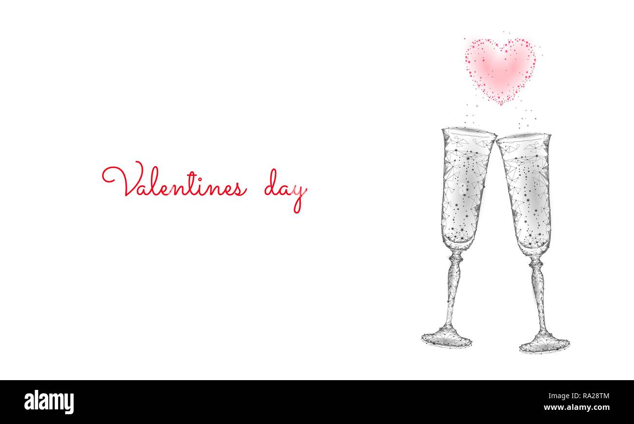 Due bicchieri di champagne con bagliori. Bassa poli bianco poligonale 3D la tostatura amore romantico data. Forma di cuore tenero dating chin chin matura il giorno di San Valentino illustrazione vettoriale Illustrazione Vettoriale